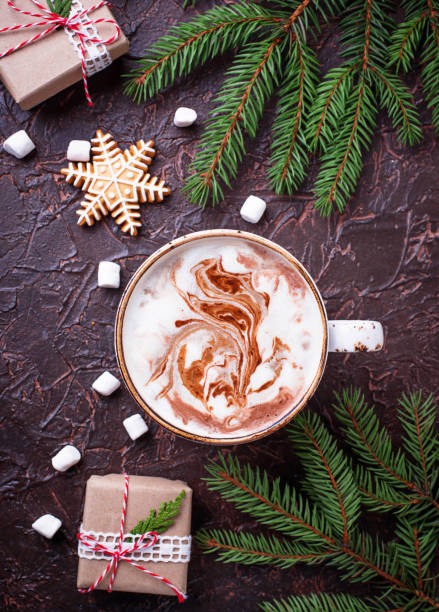 istock Christmas background with latte and gift boxes 875168374