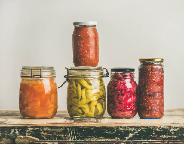 istock Autumn seasonal pickled or fermented vegetables, copy space 875169444