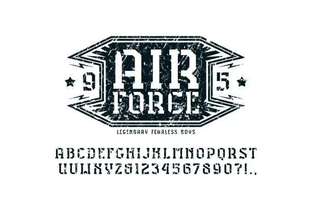 Vector illustration of Stencil-plate serif font and air force emblem