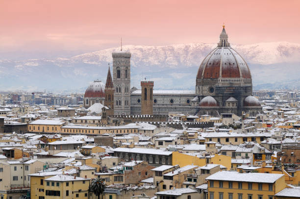 Beautiful winter cityscape of Florence with Cathedral of Santa Maria del Fiore on the background, as seen from Piazzale Michelangelo. Italy. stock photo