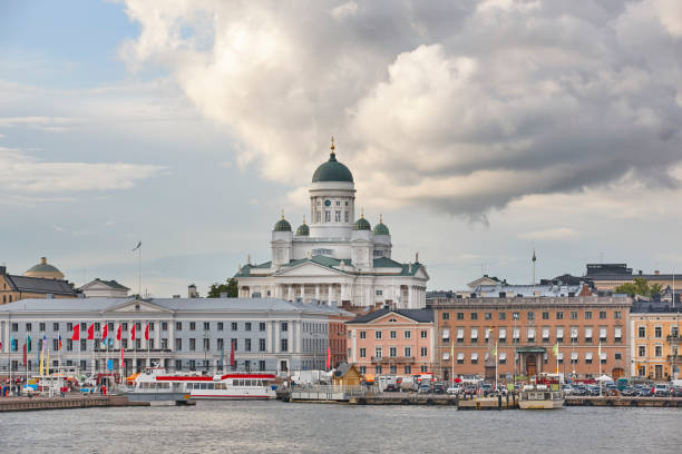 Helsinki skyline city center with harbor and cathedral. Travel Finland