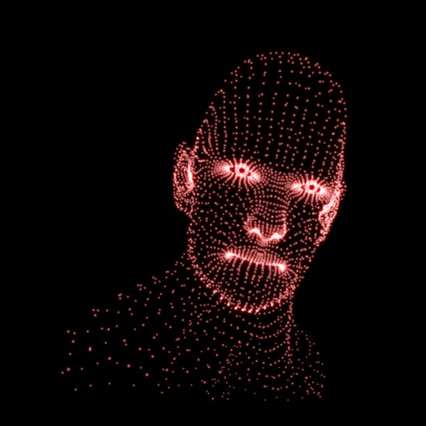 istock Head of the Person from a 3d Grid. Human Head Model. Face Scanning. View of Human Head. 3D Geometric Face Design. 3d Covering Skin. Geometry Man Portrait. Can be used for Avatar, Science, Technology 875179520