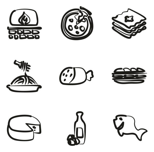 ilustrações de stock, clip art, desenhos animados e ícones de italian food icons freehand - pizza tuna prepared fish cheese