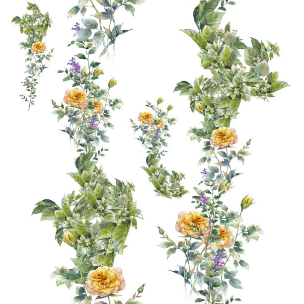 istock Watercolor painting of leaf and flowers, seamless pattern on white background 875186072
