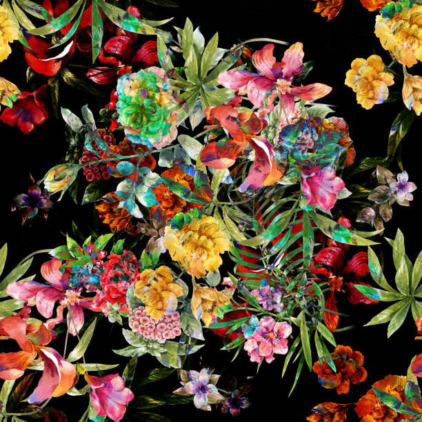 istock Watercolor painting of leaf and flowers, seamless pattern on dark background 875186116