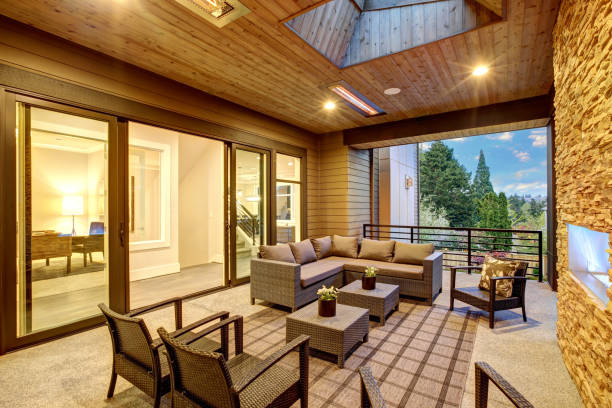 istock Dreamy outdoor covered patio with stone fireplace 875186306