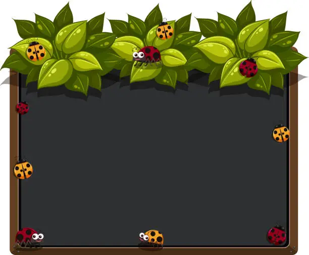 Vector illustration of Blackboard with ladybugs and leaves