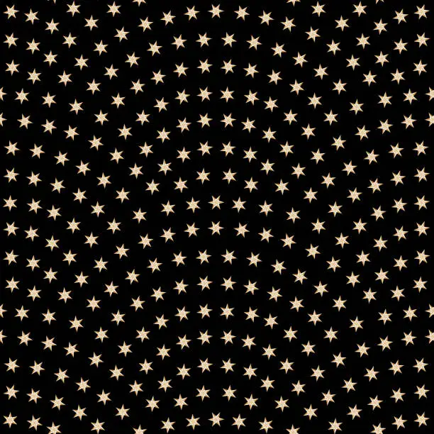 Vector illustration of Vector abstract seamless wavy pattern with geometrical fish scale layout. Golden metallic stars on a dark black background. Fan shaped Christmas garlands .New Year gold snowflake decoration