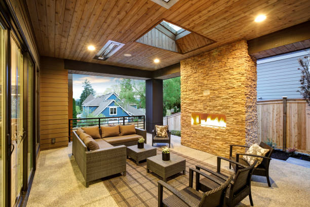 istock Dreamy outdoor covered patio with stone fireplace 875189894