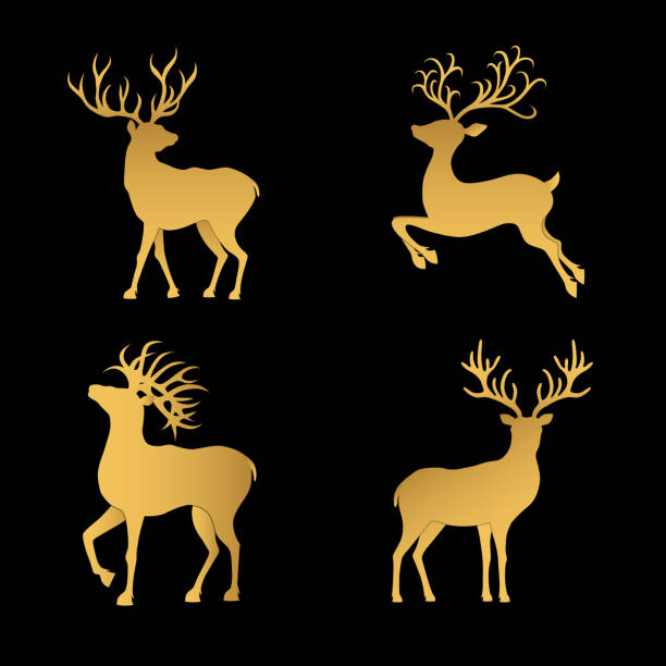 goldene weihnachten hirsch silhouetten isoliert auf dem schwarzen hintergrund. - metallböcke stock-grafiken, -clipart, -cartoons und -symbole