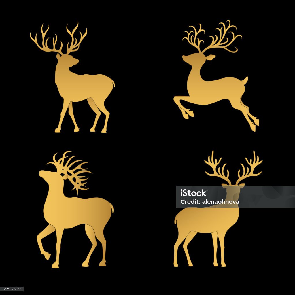 Gold  Christmas  deer silhouettes  isolated on the black  background. Collection of gold  Christmas  deer silhouettes isolated on the black  background. Golden Xmas reindeers. Vector illustration. Gold - Metal stock vector