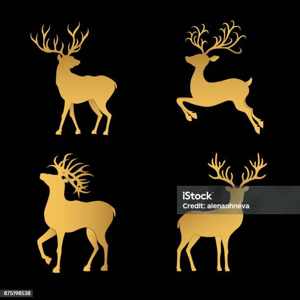 Gold Christmas Deer Silhouettes Isolated On The Black Background Stock Illustration - Download Image Now