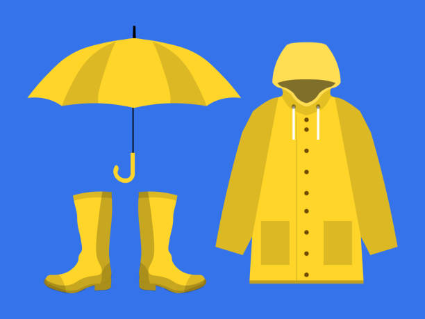 regenmantel, rubber boots, offenen regenschirm, regenzeit in wohnung auf blauem hintergrund design vektor-set - regenmantel stock-grafiken, -clipart, -cartoons und -symbole