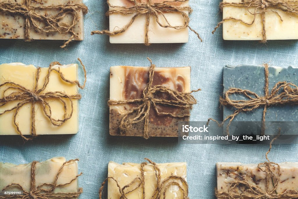 Organic handmade soap. Organic handmade soap. Slices on linen cloth Aromatherapy Stock Photo