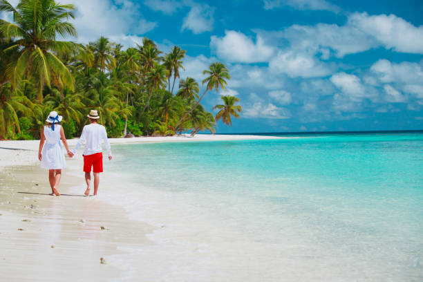 istock happy loving couple walking on beach 875202390