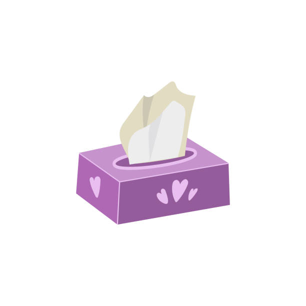 Vector napkin holder flat illustration isolated Vector napkin, facial tissue holder flat illustration isolated on a white background. Hygiene protector, cold and flu, runny nose treatment. Cartoon violet box with drawn hearts. facial tissue stock illustrations