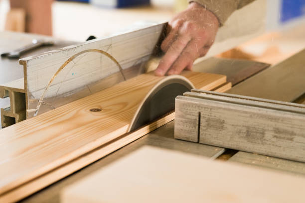 istock Circular saw cuts wood close up 875206822