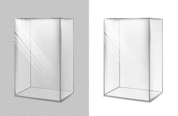 Vector illustration of Transparent glass cube. Realistic aquarium. Special showcase