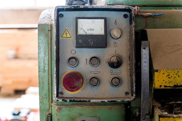 istock Close up old control board in carpenter's 875210444