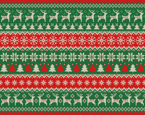 Merry Christmas and New Year seamless knitted pattern with Christmas balls, snowflakes and fir. Scandinavian style. Winter Holiday Sweater Design. Vector Illustration. vector art illustration