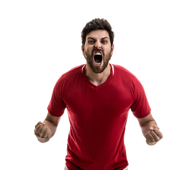 istock Fan / Sport Player on red uniform celebrating on white background 875218364