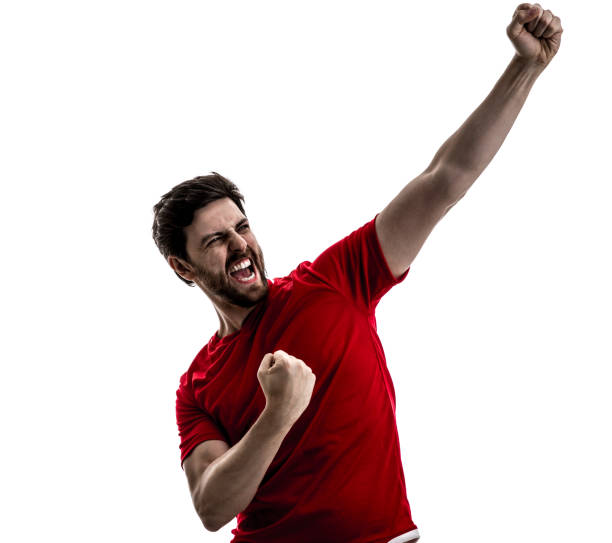 istock Fan / Sport Player on red uniform celebrating on white background 875218368