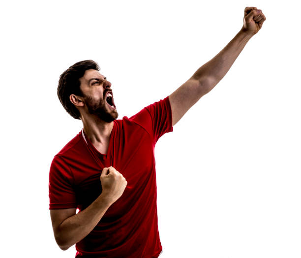 istock Fan / Sport Player on red uniform celebrating on white background 875218382