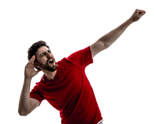 istock Fan / Sport Player on red uniform celebrating on white background 875218416