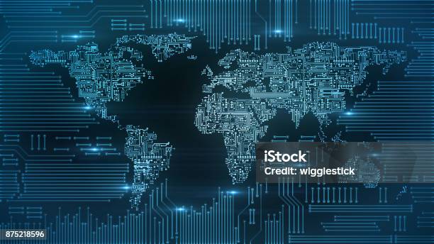 Foto de Mapa De Circuitos De Computador Azul Da Terra e mais fotos de stock de Chip de computador - Chip de computador, Mercado - Espaço de Venda no Varejo, Global