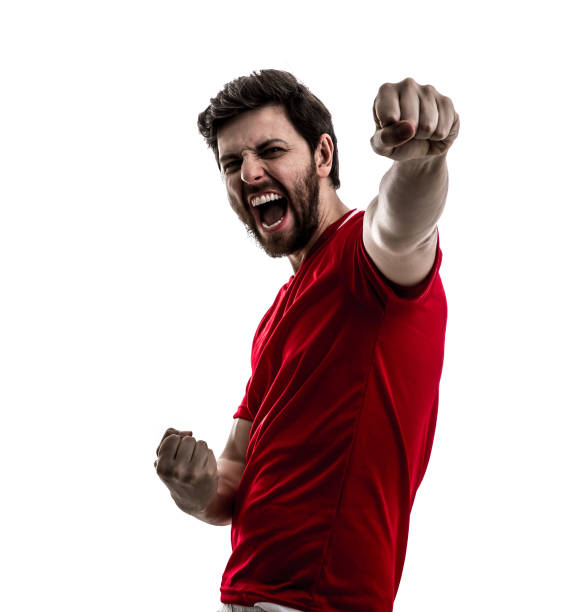 istock Fan / Sport Player on red uniform celebrating on white background 875218718