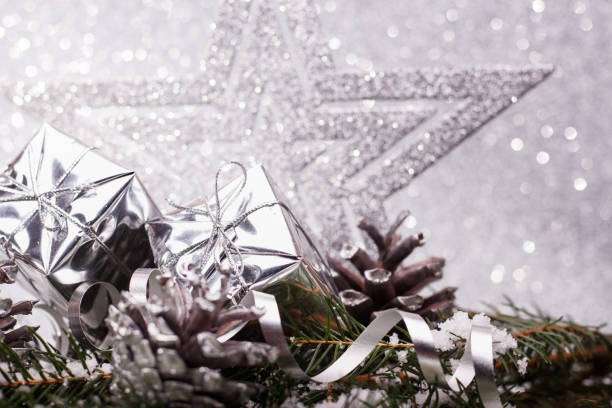 istock Christmas composition of Christmas tree toys on a silver background 875221310