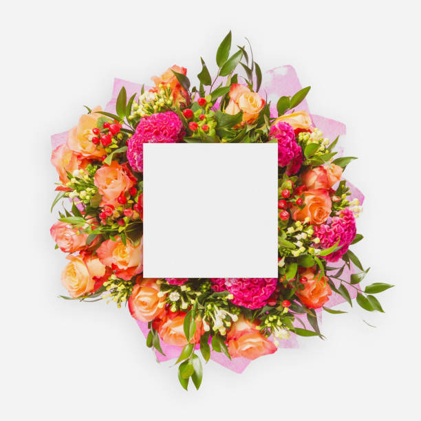 istock Creative layout made of flowers and leaves with paper card note. Flat lay 875222234