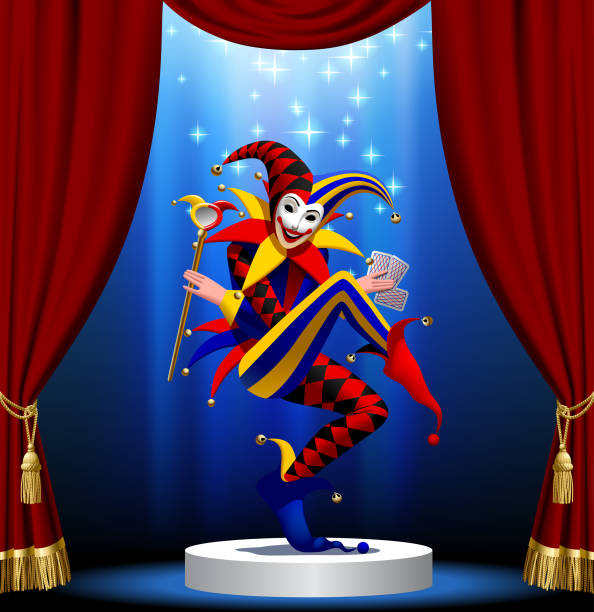illustrazioni stock, clip art, cartoni animati e icone di tendenza di joker con carte da gioco e specchio in luce blu sul podio rotondo incorniciato da tenda rossa - curtain red color image clown