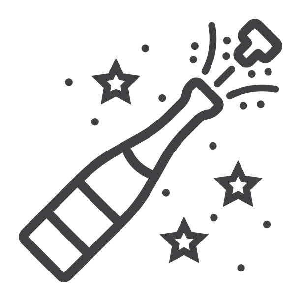 ilustrações, clipart, desenhos animados e ícones de ícone do pop linha de garrafa de champanhe, ano novo e natal, xmas sinal vector graphics, um padrão linear sobre um fundo branco, eps 10. - christmas champaign champagne wine