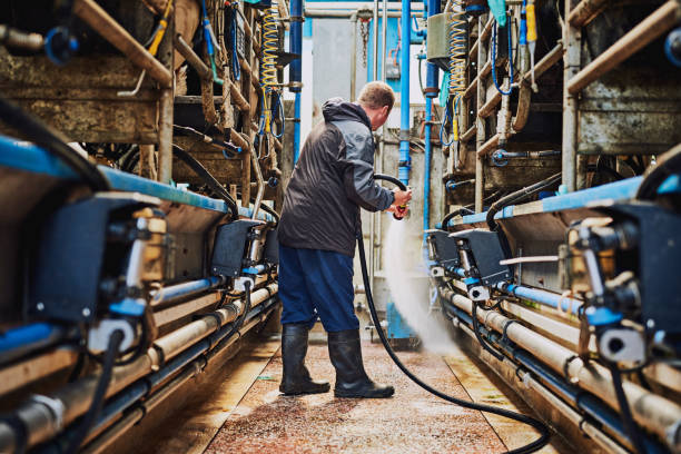 Cleaning off the factory floor Full length shot of a male farmer hosing off the floor inside a dairy factory Industrial Cleaning stock pictures, royalty-free photos & images