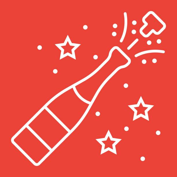 ilustrações, clipart, desenhos animados e ícones de ícone do pop linha de garrafa de champanhe, ano novo e natal, xmas sinal vector graphics, um padrão linear sobre um fundo vermelho, eps 10. - christmas champaign champagne wine