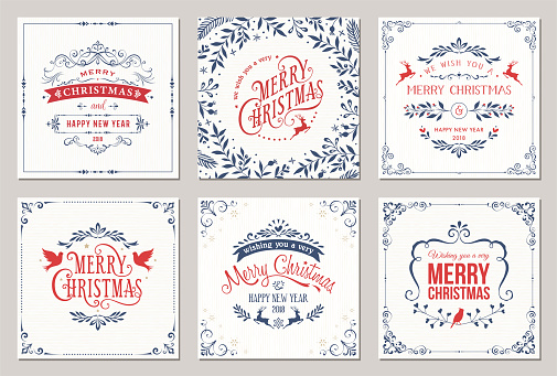 Ornate square winter holidays greeting cards with typographic design, reindeers, Christmas Doves, floral and swirl frames. Vector illustration.