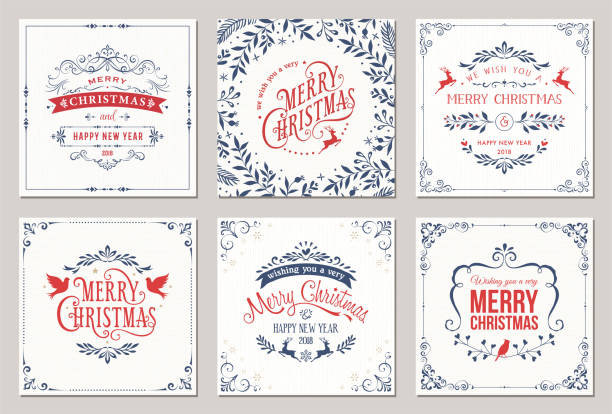 Christmas Cards Ornate square winter holidays greeting cards with typographic design, reindeers, Christmas Doves, floral and swirl frames. Vector illustration. calligraphy illustrations stock illustrations