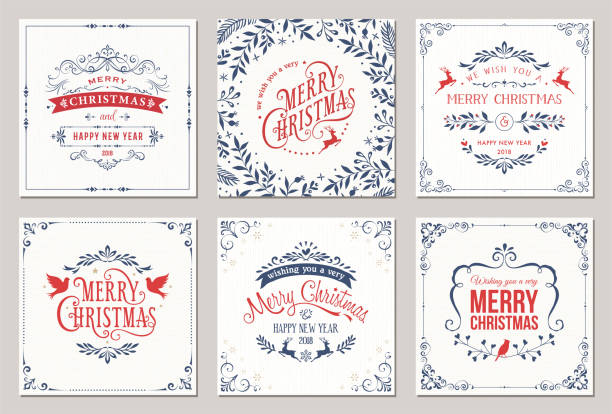 Christmas Cards Ornate square winter holidays greeting cards with typographic design, reindeers, Christmas Doves, floral and swirl frames. Vector illustration. snowflake holiday greeting card blue stock illustrations