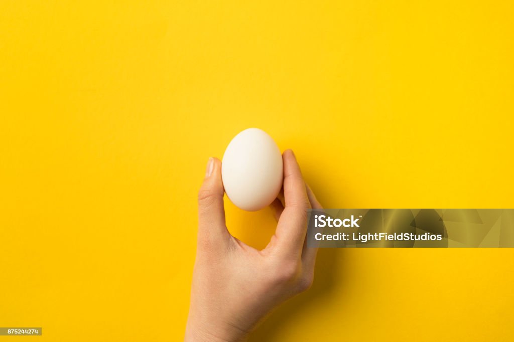 woman holding egg cropped image of woman holding egg isolated on yellow Easter Egg Stock Photo