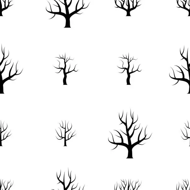 Vector illustration of Seamless black and white curved trees without leaves backgrounds.