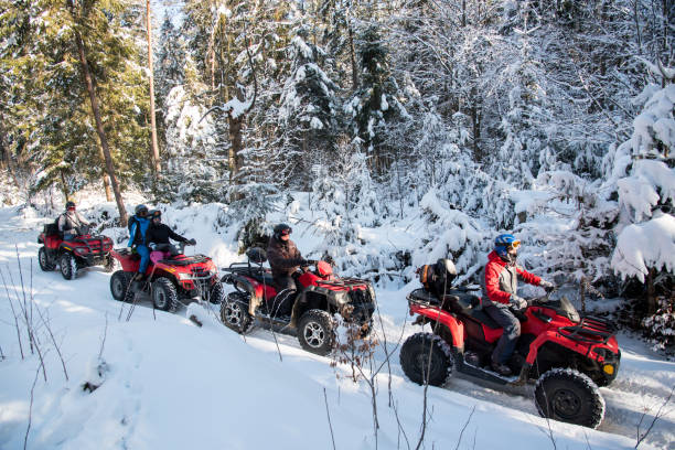 gruppo di persone che guidano biciclette atv fuoristrada a quattro ruote nella splendida foresta invernale - off road vehicle 4x4 snow driving foto e immagini stock