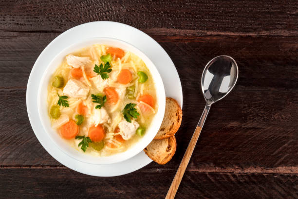 istock Chicken soup with noodles, overhead photo with copyspace 875245426