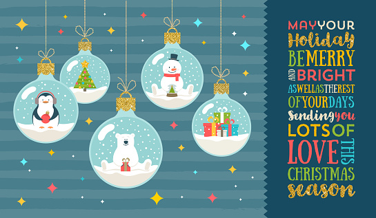 Christmas greeting vector illustration - christmas baubles with cutie holidays characters and type design.