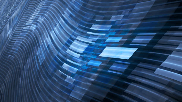 istock Blue glowing flying tiles on wavy trajectories 875247036