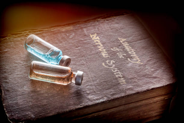 two vials of medicine on an ancient book of anatomy of the nervous system, conceptual image - motor neuron imagens e fotografias de stock