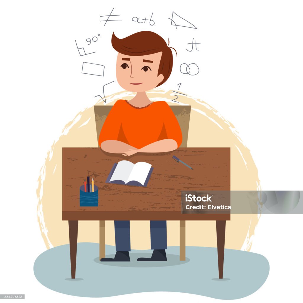 Boy Sitting And Studying On The Table In School Stock Illustration -  Download Image Now - Writing - Activity, Educational Exam, Student - iStock