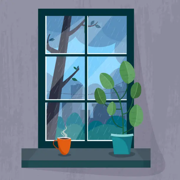 Vector illustration of Window with a rainy city view. House plant and cup of tea or coffee on the windowsill.