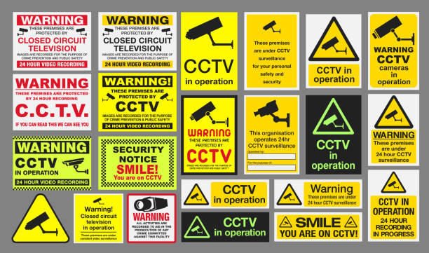 знаки видеонаблюдения - камера слежения иллюстрации stock illustrations