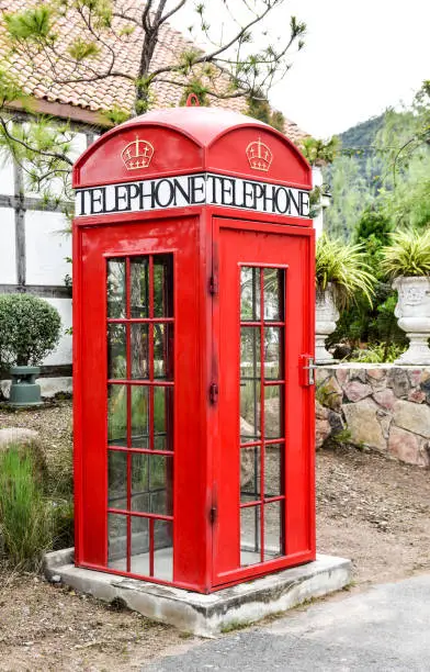 Photo of Red London phone booth in a garden